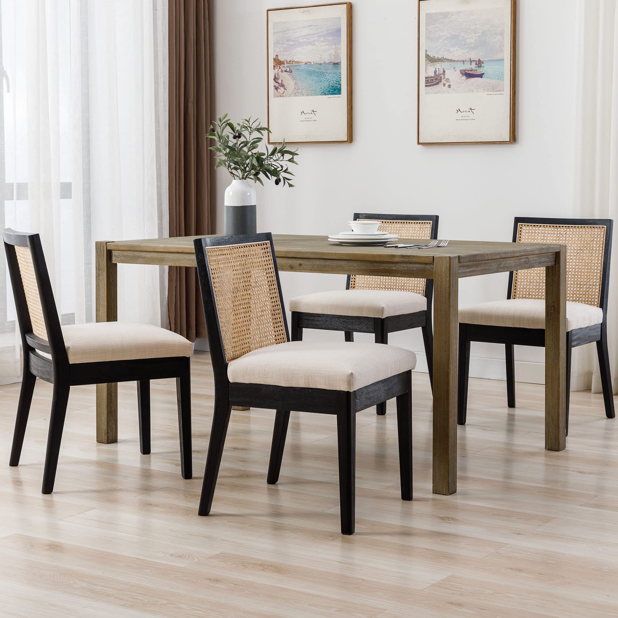 VESCASA Upholstered Dining Chairs with Square Rattan Back, Armless Padded Linen Cushion Dining Chairs with Wood Legs for Dining Room, Kitchen, Set of 2, Black Frame