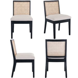 VESCASA Upholstered Dining Chairs with Square Rattan Back, Armless Padded Linen Cushion Dining Chairs with Wood Legs for Dining Room, Kitchen, Set of 2, Black Frame