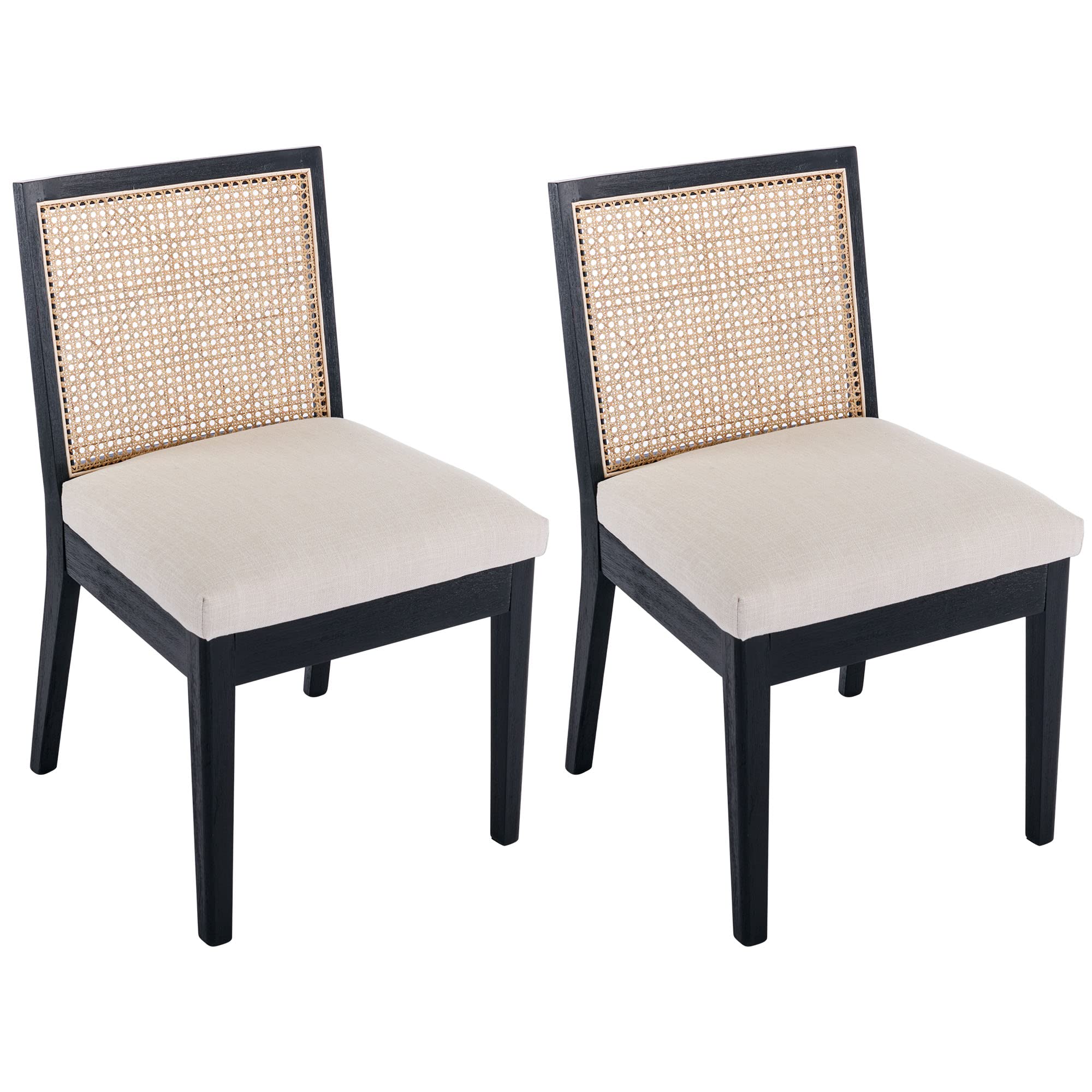 VESCASA Upholstered Dining Chairs with Square Rattan Back, Armless Padded Linen Cushion Dining Chairs with Wood Legs for Dining Room, Kitchen, Set of 2, Black Frame