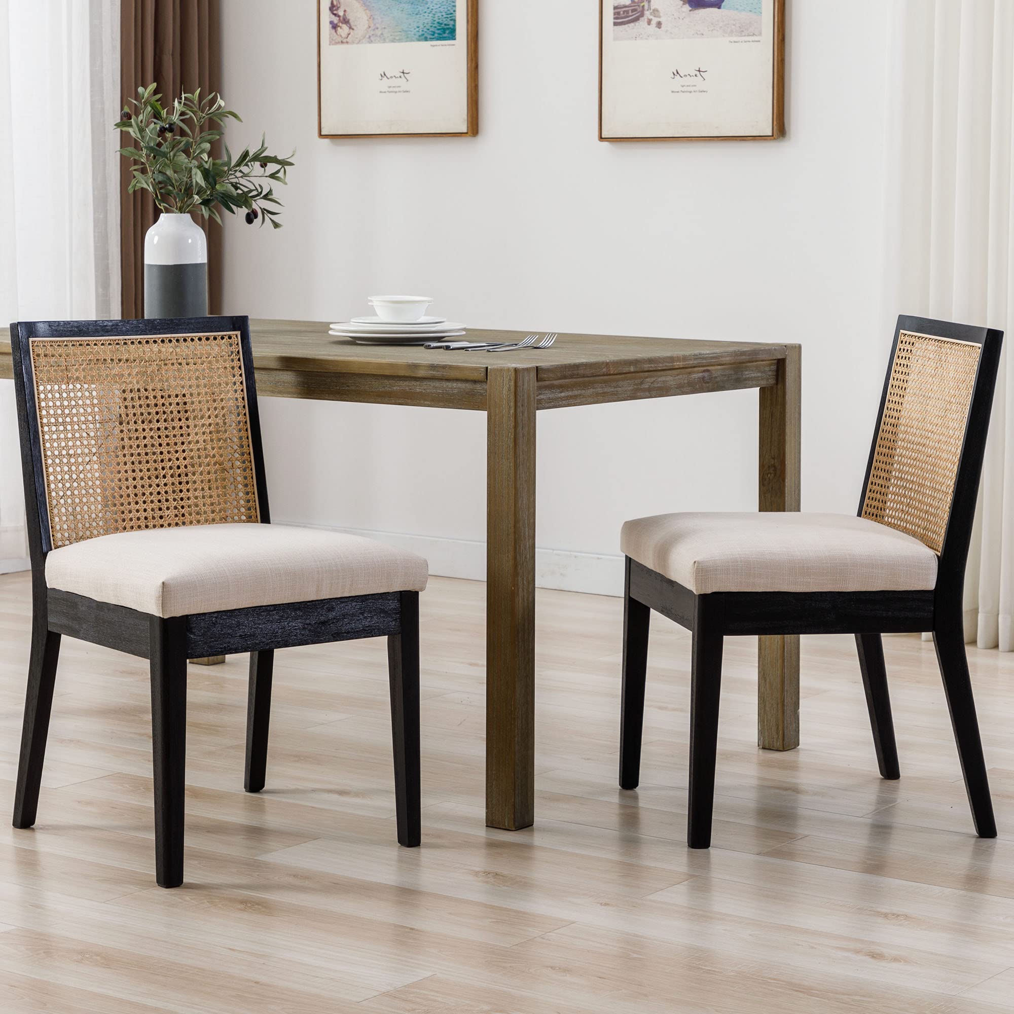 VESCASA Upholstered Dining Chairs with Square Rattan Back, Armless Padded Linen Cushion Dining Chairs with Wood Legs for Dining Room, Kitchen, Set of 2, Black Frame