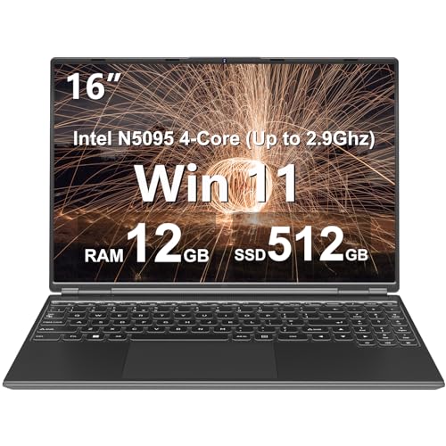 Ruzava 16" Laptop 12+512GB Celeron N5095 (Up to 2.9Ghz) 4-Core Win 11 PC with Cooling Fan 1920 * 1200 2K Screen Dual WiFi Support 2.5" HDD 1TB SSD Expand for Business Study-Black