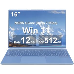 Ruzava 16" Laptop 12+512GB Celeron N5095 (Up to 2.9Ghz) 4-Core Win 11 PC with Cooling Fan 1920 * 1200 2K Screen Dual WiFi Support 2.5" HDD 1TB SSD Expand for Business Study-Blue