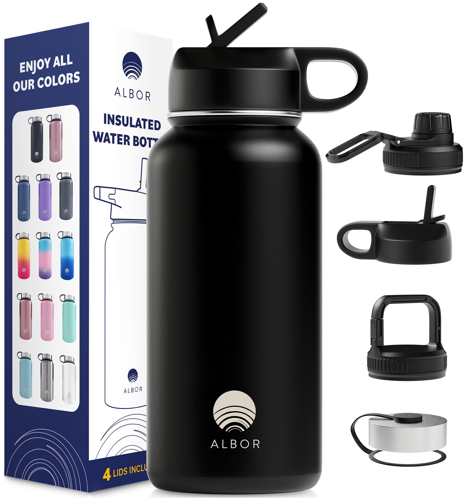 Albor 32 oz Insulated Water Bottle With Chug Lid and Straw, Plus Carry Lid for Travel, Leak Proof Stainless Steel Water Bottle for Gym and Travel (Black)