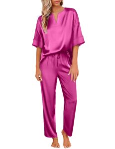 ekouaer satin pajama set womens silk short sleeve v neck shirt with long pant soft loungewear pjs set plum