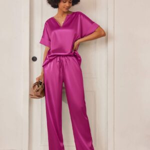 Ekouaer Satin Pajama Set Womens Silk Short Sleeve V Neck Shirt with Long Pant Soft Loungewear Pjs Set Plum