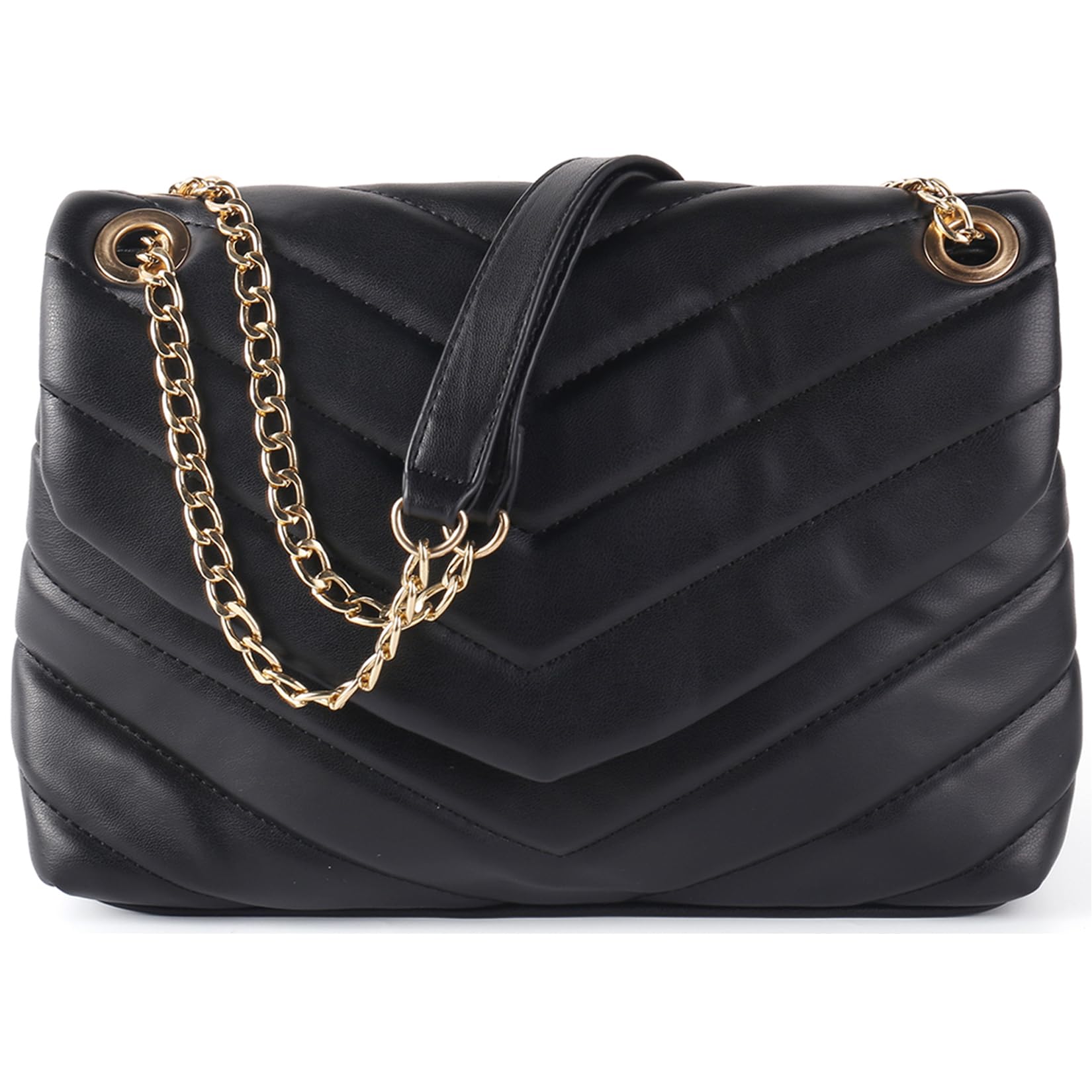 Quilted Crossbody Bag for Women, Soft Vegan Leather Chevron Purses, Trendy Shoulder Handbags with Gold Chain Strap (Black)