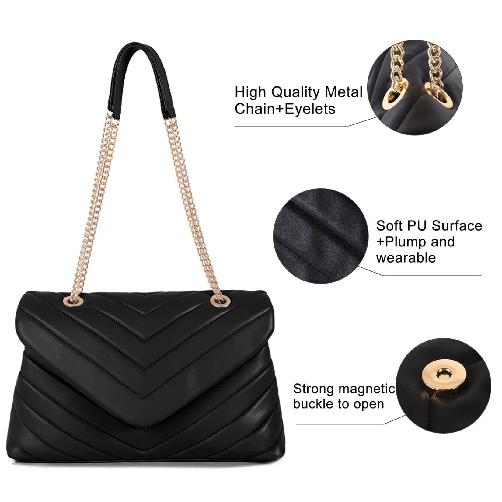 Quilted Crossbody Bag for Women, Soft Vegan Leather Chevron Purses, Trendy Shoulder Handbags with Gold Chain Strap (Black)