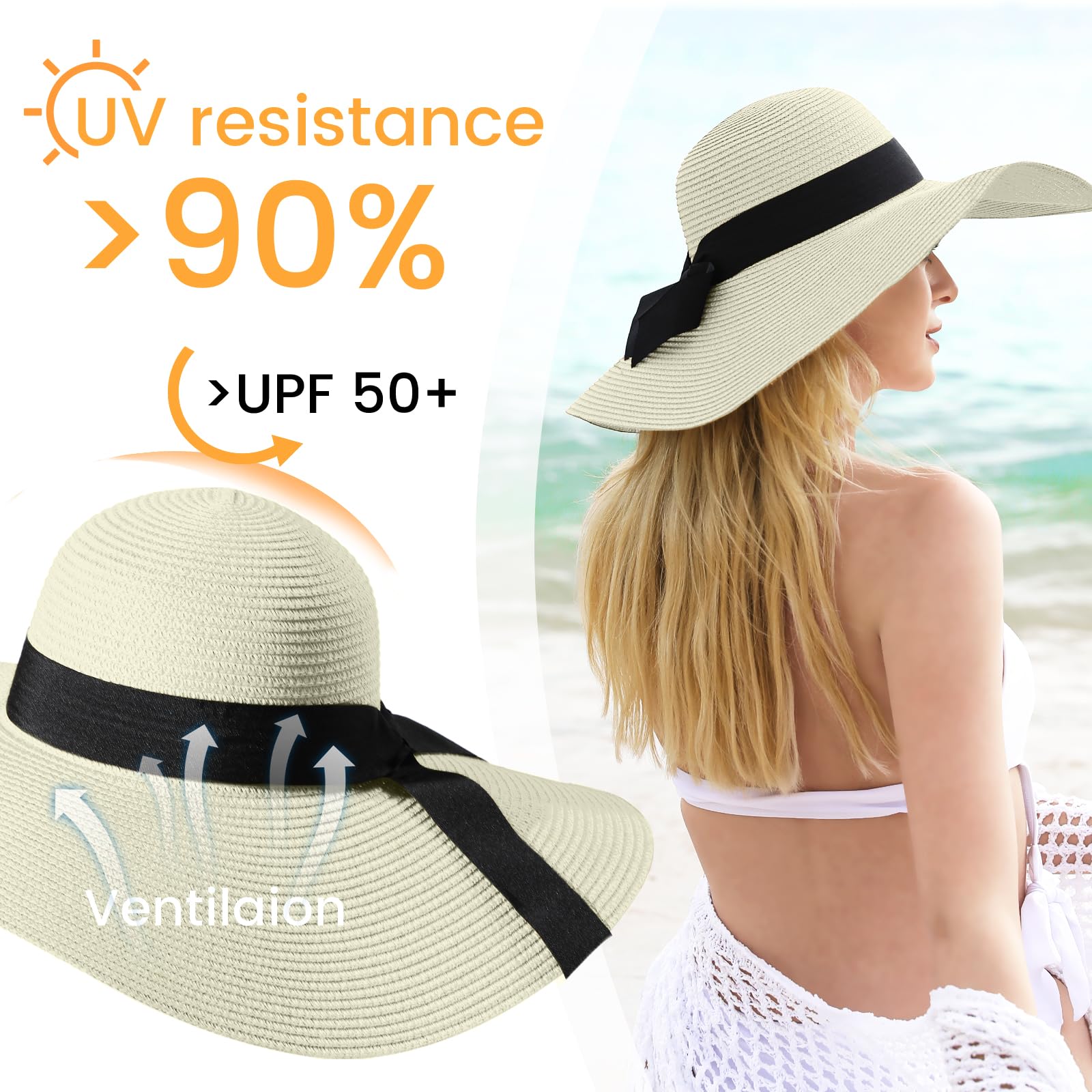 Beach Hats for Women, Wide Brim Sun Hat for Women UPF 50+ UV Sun Protection Floppy Straw Sun Hat Foldable Roll up Cap