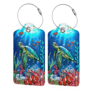 set of 2 luggage tag for suitcase, cute unique leather baggage tags identifiers privacy cover id label with stainless steel loop for women men kids girls travel, sea turtle