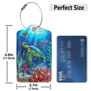 Set of 2 Luggage Tag for Suitcase, Cute Unique Leather Baggage Tags Identifiers Privacy Cover Id Label with Stainless Steel Loop for Women Men Kids Girls Travel, Sea Turtle