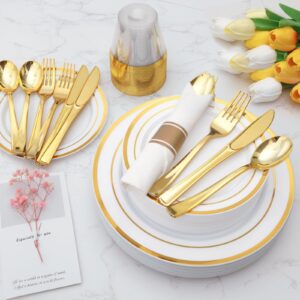 Goodluck 350 Piece Gold Plastic Dinnerware Set for 50 Guests, Fancy Disposable Plates for Party, Include: 50 Dinner Plates, 50 Dessert Plates, 50 Pre Rolled Napkins with Silverware, 50 Cups