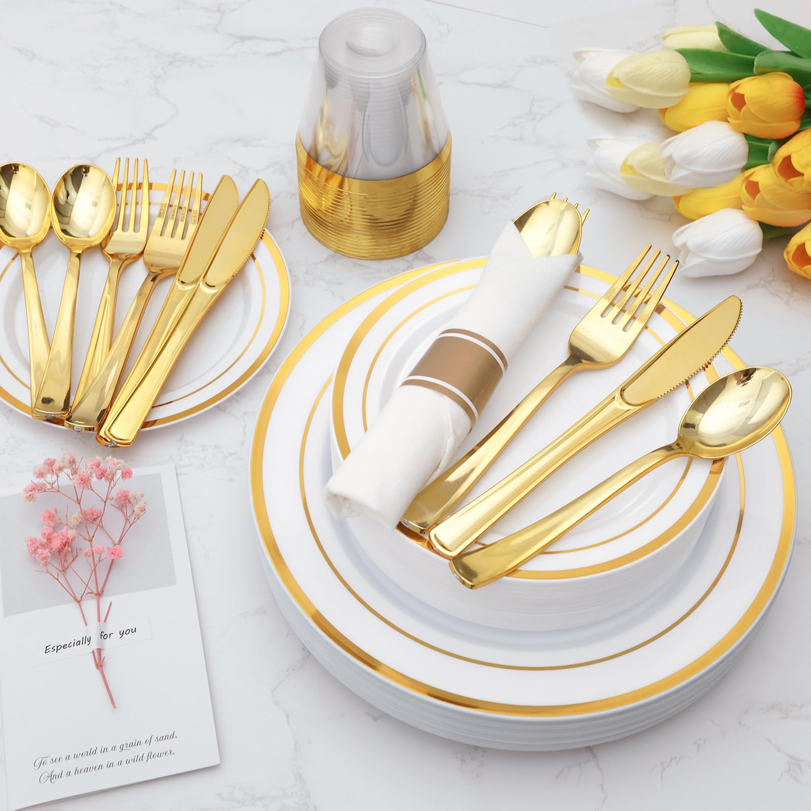 Goodluck 350 Piece Gold Plastic Dinnerware Set for 50 Guests, Fancy Disposable Plates for Party, Include: 50 Dinner Plates, 50 Dessert Plates, 50 Pre Rolled Napkins with Silverware, 50 Cups