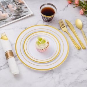 Goodluck 350 Piece Gold Plastic Dinnerware Set for 50 Guests, Fancy Disposable Plates for Party, Include: 50 Dinner Plates, 50 Dessert Plates, 50 Pre Rolled Napkins with Silverware, 50 Cups