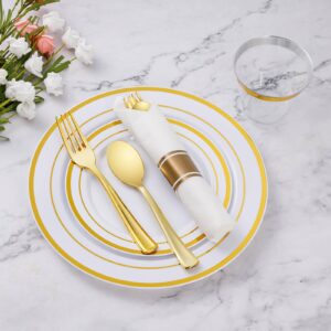 Goodluck 350 Piece Gold Plastic Dinnerware Set for 50 Guests, Fancy Disposable Plates for Party, Include: 50 Dinner Plates, 50 Dessert Plates, 50 Pre Rolled Napkins with Silverware, 50 Cups