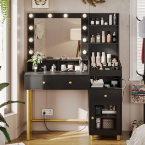 VIAGDO Black Vanity Desk with Mirror and Lights, Makeup Vanity with Charging Station & 3 Storage Compartments, Makeup Desk with Drawers and Open Storage Shelves, Bedroom Dressing Table