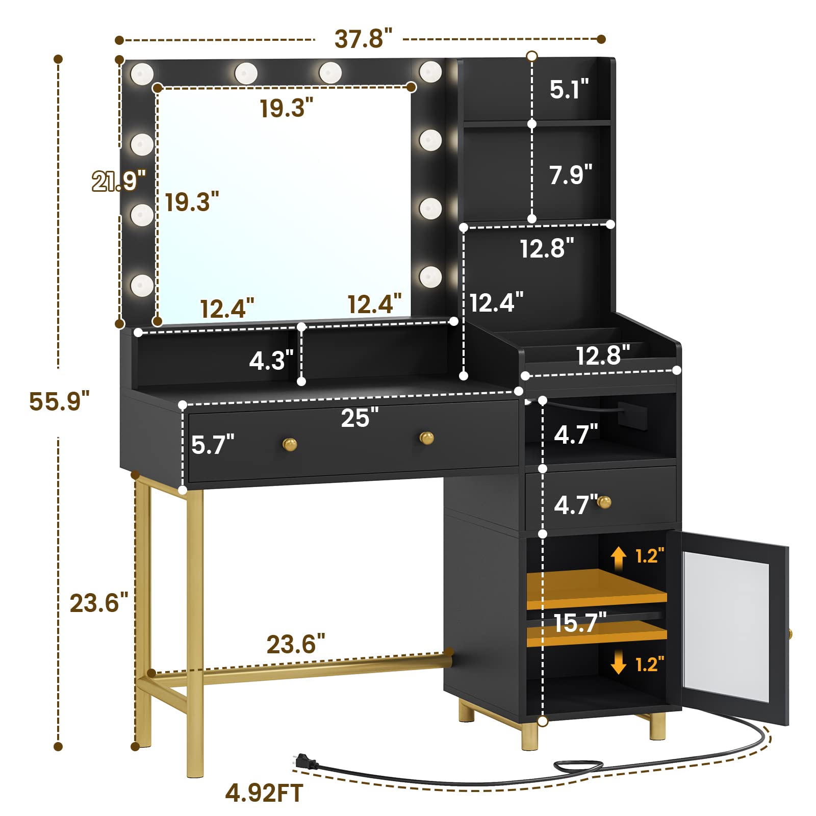 VIAGDO Black Vanity Desk with Mirror and Lights, Makeup Vanity with Charging Station & 3 Storage Compartments, Makeup Desk with Drawers and Open Storage Shelves, Bedroom Dressing Table