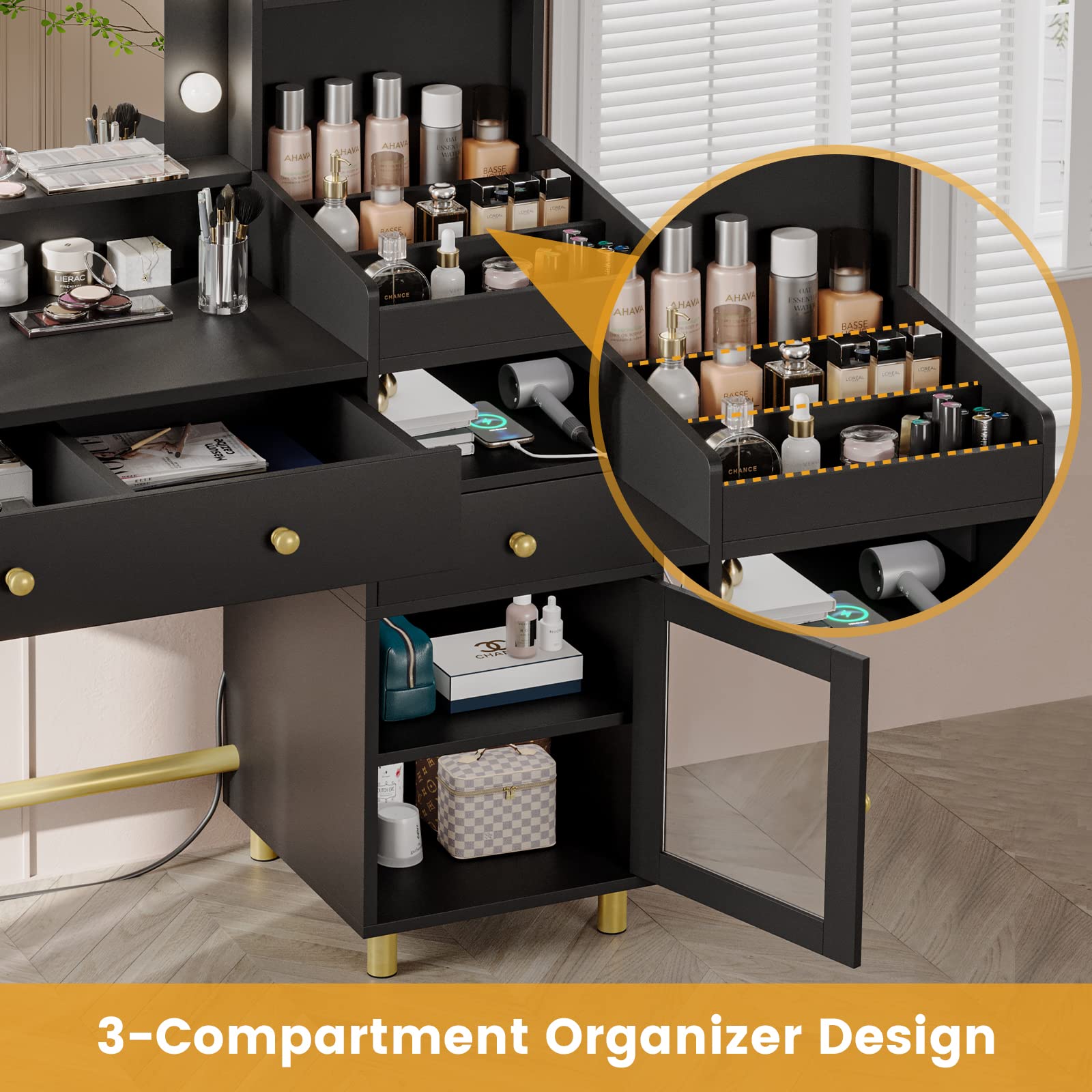 VIAGDO Black Vanity Desk with Mirror and Lights, Makeup Vanity with Charging Station & 3 Storage Compartments, Makeup Desk with Drawers and Open Storage Shelves, Bedroom Dressing Table