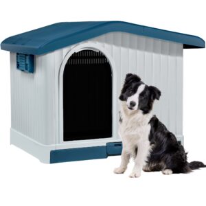 YITAHOME 34.6'' Large Plastic Dog House with Liftable Roof, Indoor Outdoor Doghouse Puppy Shelter with Detachable base and Adjustable Bar Window Water Resistant Easy Assembly (34.6''L*29.1''W*24.2''H)