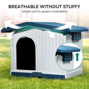 YITAHOME 34.6'' Large Plastic Dog House with Liftable Roof, Indoor Outdoor Doghouse Puppy Shelter with Detachable base and Adjustable Bar Window Water Resistant Easy Assembly (34.6''L*29.1''W*24.2''H)