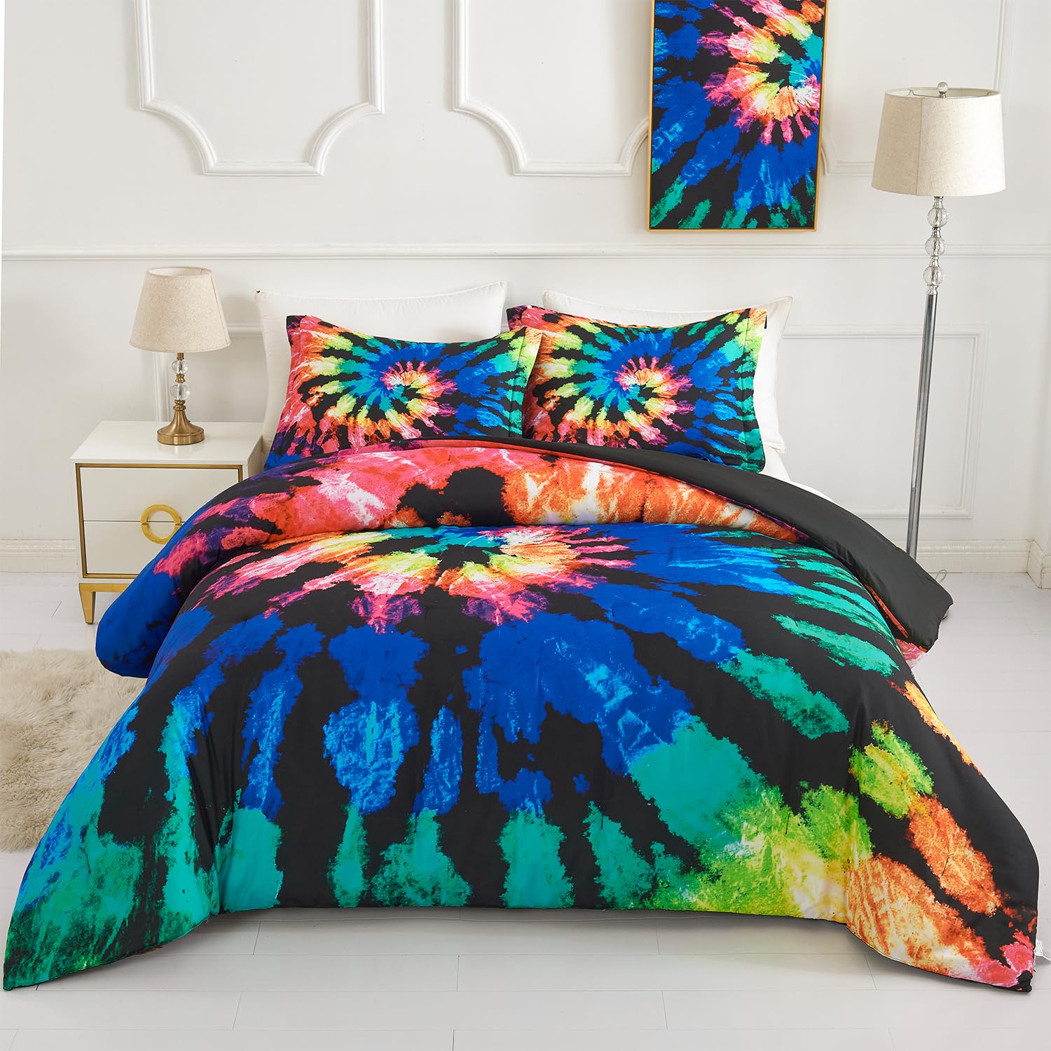 Koniroom Tie Dye Comforter Set Queen Size, Kids Comforter Sets for Teen Boys Girls Women with Hippie Psychedelic Black Blue Purple Themed Printing, Reversible Comforter 3 Pieces with 2 Pillow Shams