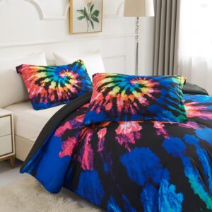 Koniroom Tie Dye Comforter Set Queen Size, Kids Comforter Sets for Teen Boys Girls Women with Hippie Psychedelic Black Blue Purple Themed Printing, Reversible Comforter 3 Pieces with 2 Pillow Shams