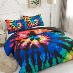 Koniroom Tie Dye Comforter Set Queen Size, Kids Comforter Sets for Teen Boys Girls Women with Hippie Psychedelic Black Blue Purple Themed Printing, Reversible Comforter 3 Pieces with 2 Pillow Shams