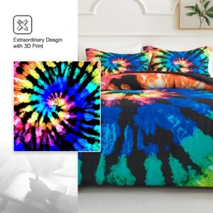 Koniroom Tie Dye Comforter Set Queen Size, Kids Comforter Sets for Teen Boys Girls Women with Hippie Psychedelic Black Blue Purple Themed Printing, Reversible Comforter 3 Pieces with 2 Pillow Shams