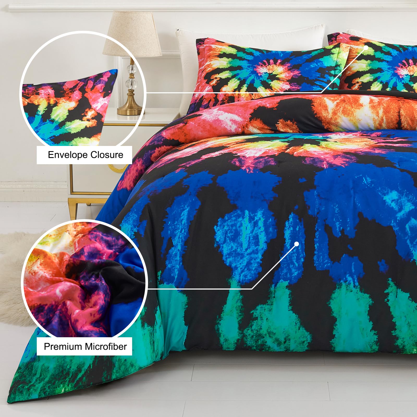 Koniroom Tie Dye Comforter Set Queen Size, Kids Comforter Sets for Teen Boys Girls Women with Hippie Psychedelic Black Blue Purple Themed Printing, Reversible Comforter 3 Pieces with 2 Pillow Shams