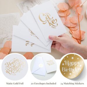 Paper Play 20 Pack Assorted Birthday Cards - 4 Matte Gold Foil Designs Happy Birthday Cards - 4 x 6 Inches Blank Birthday Notes Bulk Box Set - Greeting Cards with Envelopes & Gold Foil Stickers