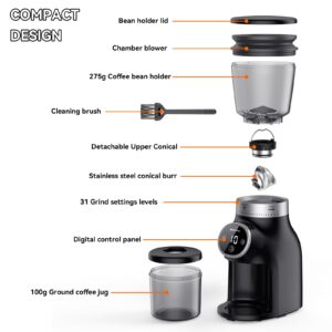 Electric Burr Coffee Grinder with Digital Control, BEEONE Espresso Grinder with 31 Precise Settings for 1-10 Cups, Coffee Grinder Electric with Time Display, Black