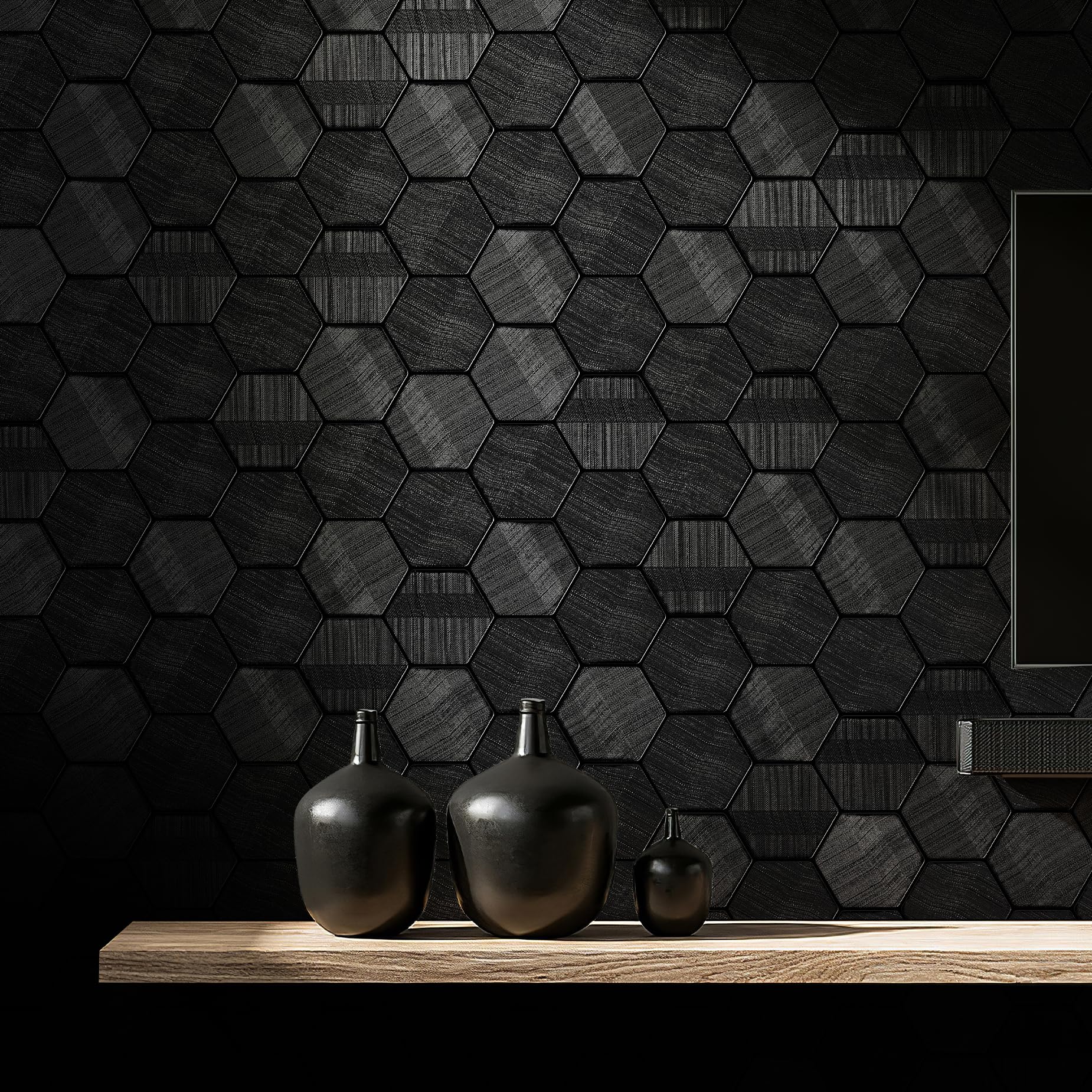 Simon&Siff Black Textured Wallpaper 3D Embossed Hexagon Wallpaper Non Woven Traditional Non-Pasted Wallpaper for Bedroom Bathroom 17.3in x 26.2ft