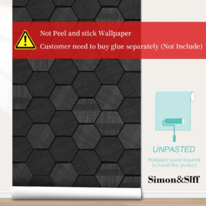 Simon&Siff Black Textured Wallpaper 3D Embossed Hexagon Wallpaper Non Woven Traditional Non-Pasted Wallpaper for Bedroom Bathroom 17.3in x 26.2ft