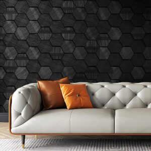 Simon&Siff Black Textured Wallpaper 3D Embossed Hexagon Wallpaper Non Woven Traditional Non-Pasted Wallpaper for Bedroom Bathroom 17.3in x 26.2ft