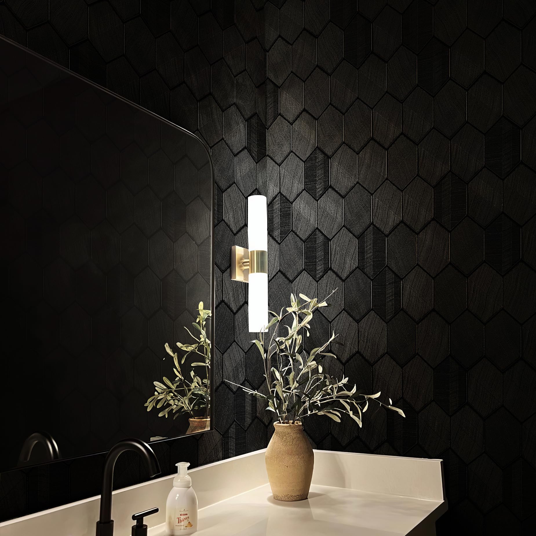 Simon&Siff Black Textured Wallpaper 3D Embossed Hexagon Wallpaper Non Woven Traditional Non-Pasted Wallpaper for Bedroom Bathroom 17.3in x 26.2ft