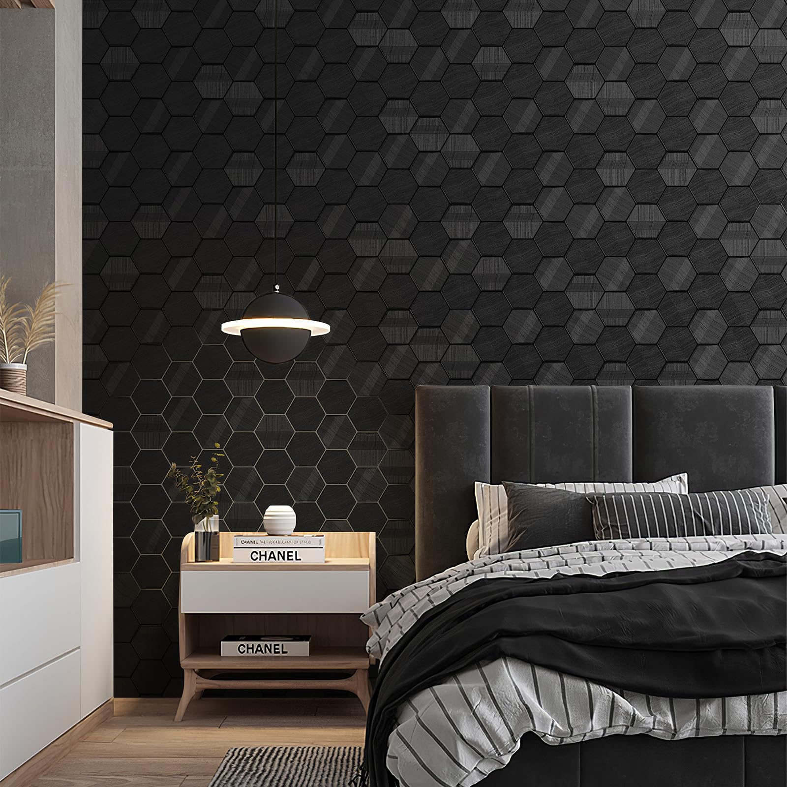 Simon&Siff Black Textured Wallpaper 3D Embossed Hexagon Wallpaper Non Woven Traditional Non-Pasted Wallpaper for Bedroom Bathroom 17.3in x 26.2ft