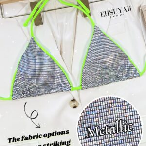 EHSUYAB Sexy Bikini Set, Thong String Triangle High Cut Metallic Bathing Suits for Women 2 Piece Bikini, Bralette Halter Tie Sparkly Padded Swimsuit Boudoir Beach Neon Green Silver Medium