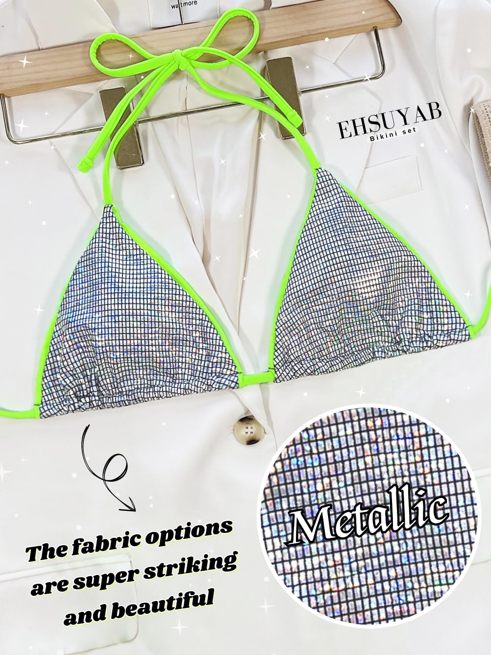 EHSUYAB Sexy Bikini Set, Thong String Triangle High Cut Metallic Bathing Suits for Women 2 Piece Bikini, Bralette Halter Tie Sparkly Padded Swimsuit Boudoir Beach Neon Green Silver Medium