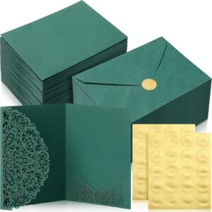 perkoop 100 set 5 x 7 laser cut wedding invitations with envelopes and wax seal stickers pocket wedding invitation cards blank invitation kit for wedding bridal shower engagement invite (dark green)