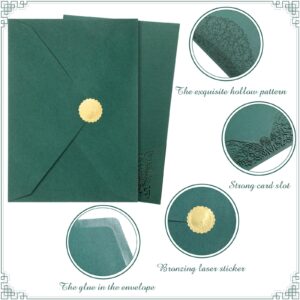 PerKoop 100 Set 5 x 7 Laser Cut Wedding Invitations with Envelopes and Wax Seal Stickers Pocket Wedding Invitation Cards Blank Invitation Kit for Wedding Bridal Shower Engagement Invite (Dark Green)