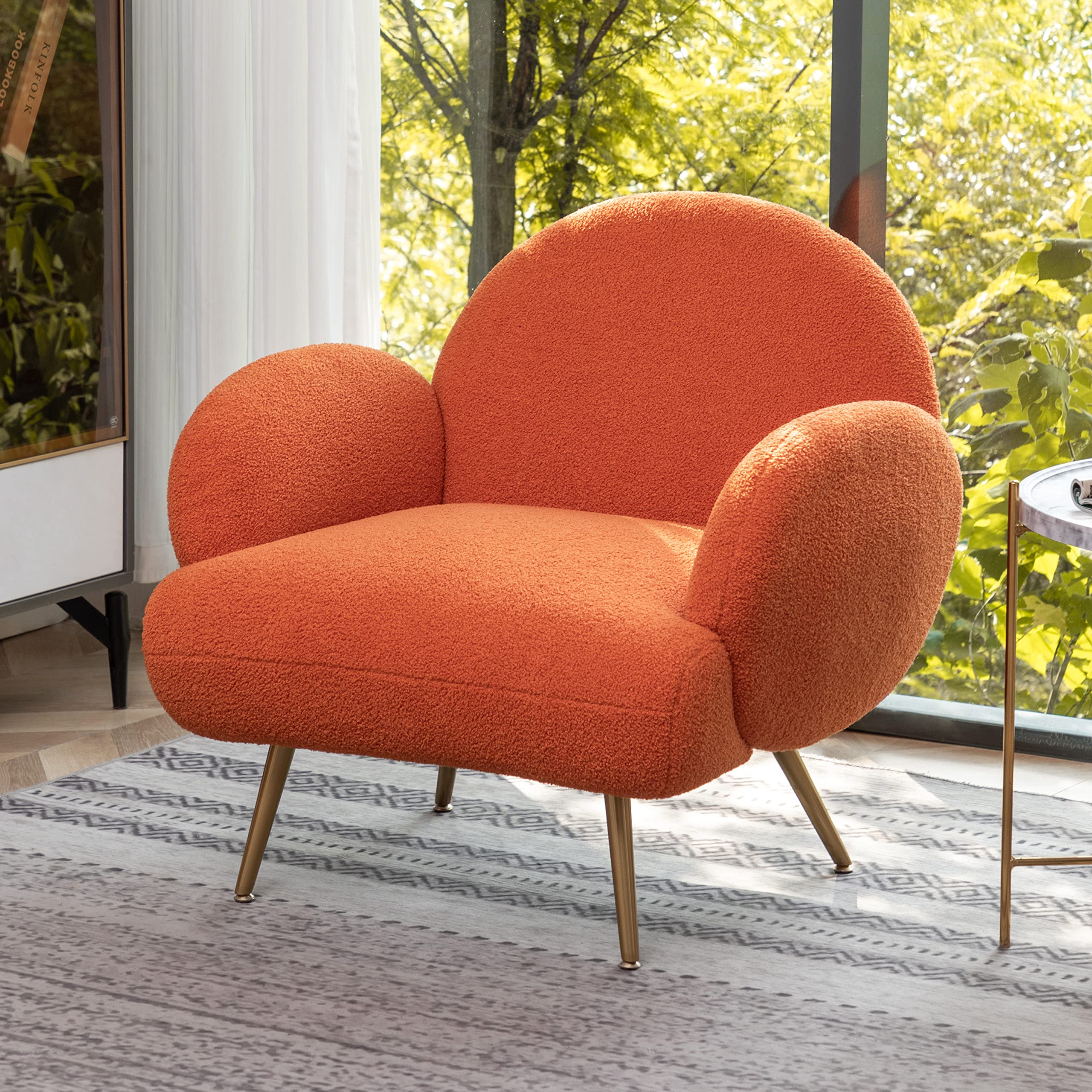 AISALL Accent Chair Orange with Golden Metal Legs,Reading Chair for Bedroom Comfy, Boucle Sherpa Chair for Living Room, Bedroom, Side Chair