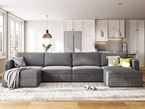 HONBAY Reversible Modular Sectional Couch U Shaped Modular Sofa with Wide Chaise Oversized Modular Sectional Sofa with Storage Seat, 149'', Light Grey