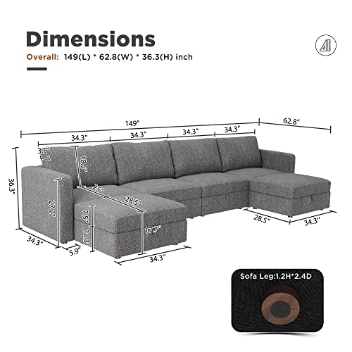 HONBAY Reversible Modular Sectional Couch U Shaped Modular Sofa with Wide Chaise Oversized Modular Sectional Sofa with Storage Seat, 149'', Light Grey