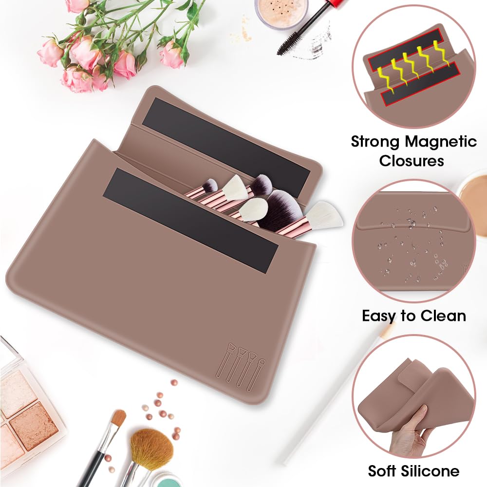 Silicone Makeup Bag Travel, Magnetic Large Toiletry Bag for Women Premium Travel Easy Carry Cosmetic Bags Soft for Makeup, Beauty Tools, Brushes Silicone Makeup Organizer Bag Holder Cute Set-Khaki