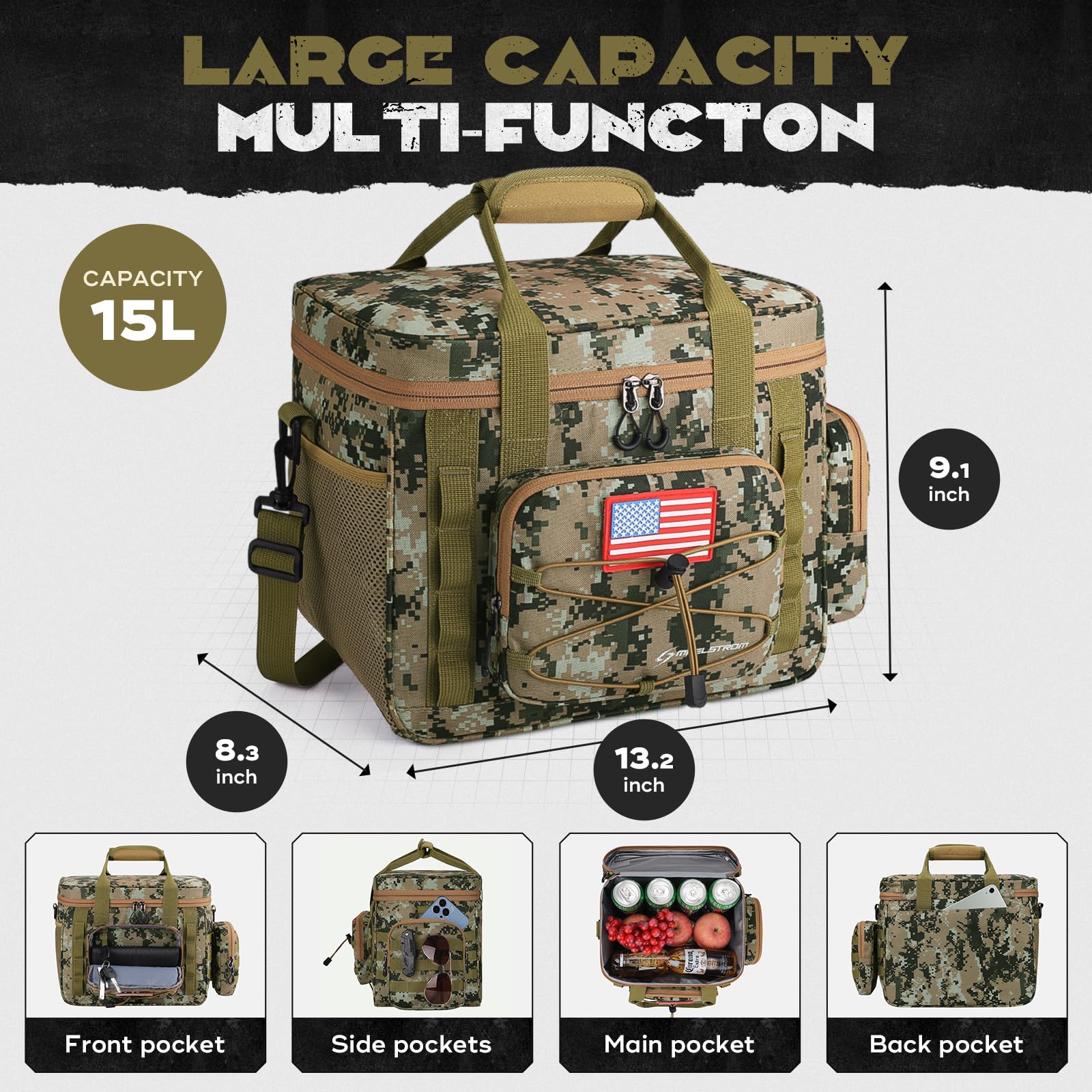 Maelstrom Tactical Lunch Box, Insulated Lunch Bag for Men, Durable Leakproof Soft Cooler Bag with Detachable MOLLE Bags, Large Lunch Tote for Adult Women Work,Picnic,20 Cans/15 L, Camouflage