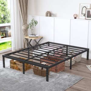 YUSENHEEI Queen Size Bed Frame 16 Inches High Metal Platform Bedframe with Slat Strips Easy Assembly Heavy Duty Strong No Need Box Spring Noise Free Non-slip Large Storage Space Underbed