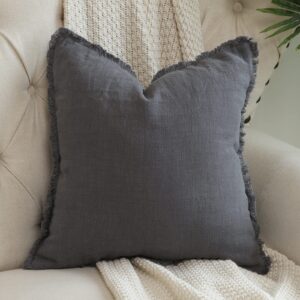 Hckot Linen Pillow Cover 18x18 Inch Gray Throw Pillow Cover with Tassel Fringed Decorative Rustic Throw Pillows for Couch Sofa Bed Boho Cushion Covers Decor Cream Grey