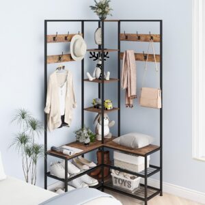 GiftGo Corner Hall Tree with Shoe Rack Storage Bench Display Open Shelves Modern Industrial Entryway Coat Rack Stand for Home Living Room Mudroom Bedroom Multifunctional 5 in 1 (Rustic Brown)