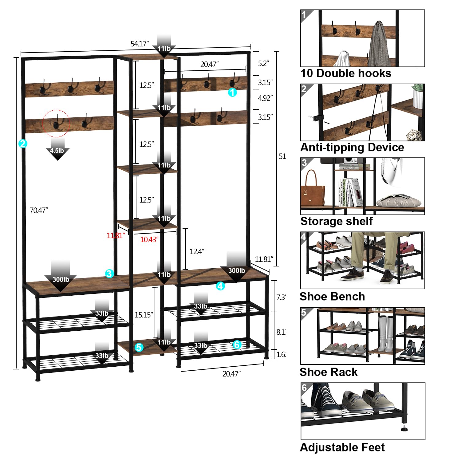 GiftGo Corner Hall Tree with Shoe Rack Storage Bench Display Open Shelves Modern Industrial Entryway Coat Rack Stand for Home Living Room Mudroom Bedroom Multifunctional 5 in 1 (Rustic Brown)