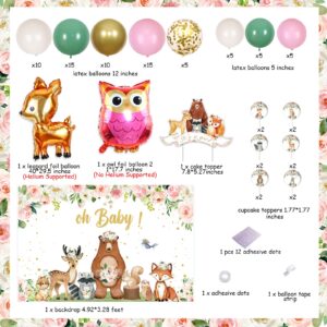 Woodland Animals Baby Shower Decorations for Girls - Woodland Creatures Balloon Garland Arch Kit Oh Baby Backdrop It’s a Girl Cake Cupcake Toppers, Forest Theme Baby Shower Supplies