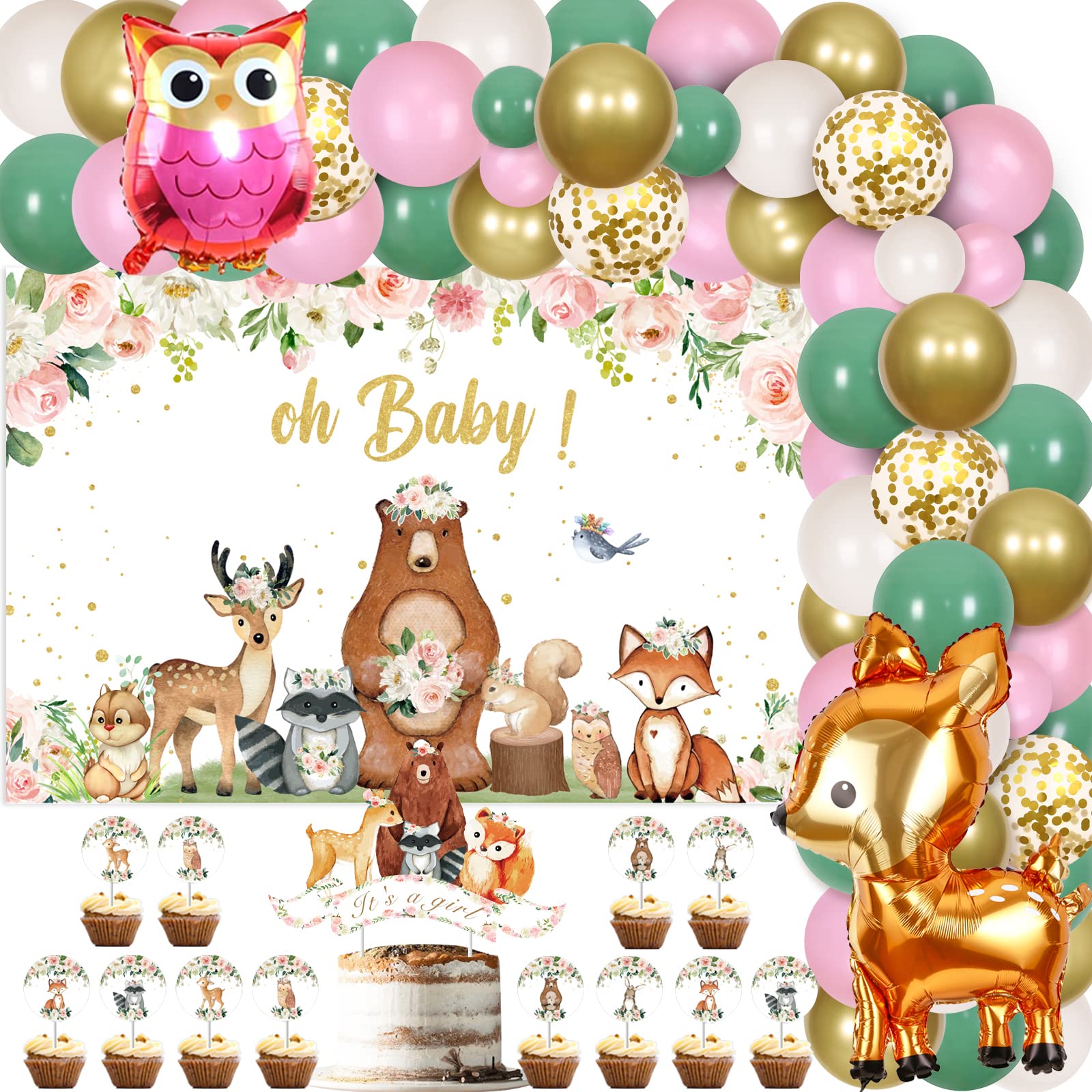 Woodland Animals Baby Shower Decorations for Girls - Woodland Creatures Balloon Garland Arch Kit Oh Baby Backdrop It’s a Girl Cake Cupcake Toppers, Forest Theme Baby Shower Supplies